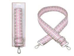 a pink and gray plaid purse strap with metal hooks .