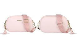 a pink purse with a tassel on the strap
