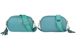 a blue purse with a green strap and tassel