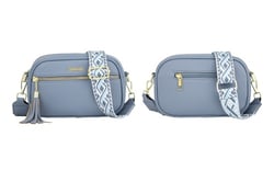 a blue purse with a tassel and a geometric strap