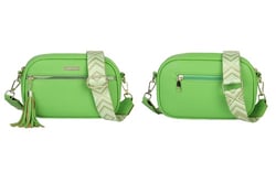 a green purse with a tassel and a zipper