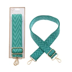 a turquoise purse strap with gold hooks and a card that says luxury