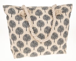 a tote bag with trees on it and rope handles .
