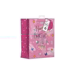 Make every birthday celebration extra special with our delightful Extra Large Female Text Gift Bag. This eye-catching design features a vibrant pink background, adorned with elegant 'Happy Birthday To You' text that shimmers with a metallic-effect finish. Charming floral and butterfly illustrations, alongside playful brushstrokes, add to its celebratory appeal. The side panels are decorated with colourful polka dots, completing the cheerful look. Perfect for larger gifts, this spacious bag comes with sturdy pink string handles for easy carrying. A thoughtful choice for any recipient, it proudly carries a 'fully recyclable' tag. Stock up your shelves with these popular bags from Design Group, available in a convenient pack of 6.