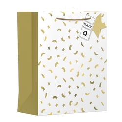Make every gift sparkle with our Extra Large Gold Confetti Gift Bag! This stunning bag features a vibrant gold confetti design scattered across a crisp white background, complemented by elegant gold side panels. Its extra-large size ensures there's plenty of room for those special presents, making it perfect for any celebration.

What's more, this beautiful bag comes with a clear message: 'This Bag is FULLY Recyclable', complete with a handy recycling symbol, making it an excellent choice for eco-conscious customers. The sturdy brown rope handle and charming gold star tag add a touch of luxury. Supplied by Design Group in a convenient pack of 6, these bags are a must-have for your retail offering. Elevate your gift-giving today!
