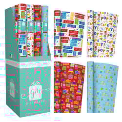 Brighten up any birthday celebration with our delightful 3M Birthday Roll Wrap, supplied by Design Group. This wholesale pack contains 50 individual rolls, each 3 metres long, offering excellent value and variety for your customers.

You'll find four distinct, colourful designs, perfect for all ages. Choose from playful text patterns like 'HAPPY BIRTHDAY', 'MAKE A WISH', and 'PARTY!', or charming illustrations of gift boxes and cakes on vibrant red and blue backgrounds. What's more, this gift wrap is recyclable, appealing to eco-conscious shoppers. Stock up on this versatile and cheerful collection to ensure your shelves are always ready for those special occasions.