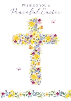 Share the joy and serenity of Easter with this exquisite 'Open Religious' card. Featuring a beautifully crafted cross, adorned with a vibrant array of spring flowers including cheerful daffodils and delicate pansies, it's a truly uplifting design. The elegant script wishes 'A Peaceful Easter', perfectly complemented by subtle butterflies and a charming floral border. This thoughtful card is ideal for conveying warm, heartfelt greetings to loved ones during the special season. Supplied by Nigel Quiney Publications, each pack contains 6 cards, ready to bring a touch of beauty and peace to your customers' Easter celebrations.
