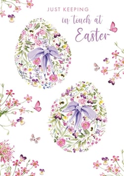 Introduce a touch of spring elegance to your Easter card selection with our 'Open Easter' design from Nigel Quiney Publications. This beautiful card features two delicate watercolour Easter eggs, intricately adorned with a charming array of pastel flowers, lush greenery, and fluttering butterflies, all tied with a pretty purple bow.
The gentle message, 'JUST KEEPING in touch at Easter', makes it perfect for customers wanting to send warm, thoughtful greetings to friends and family. Its soft colour palette and exquisite detail evoke the joy and renewal of the season.
Stock up on this lovely design, available in a convenient pack of 6, and offer your customers a truly special way to connect this Easter.