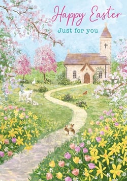 Bring the joy of spring and Easter to your customers with this delightful 'Open Religious' card from Nigel Quiney Publications. Featuring an idyllic countryside scene, a quaint church stands amidst blooming cherry trees and vibrant spring flowers like daffodils and tulips. A winding path leads the eye past adorable bunnies and gentle lambs, creating a truly heartwarming image. The message 'Happy Easter Just for you' adds a personal touch. Perfect for celebrating the season, these cards come in a convenient pack of 6, ready for your retail display.