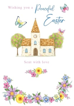 Invite your customers to share a truly Peaceful Easter with this charming card from Nigel Quiney Publications. Adorned with a delightful illustration of a quaint church, surrounded by blossoming trees and graceful butterflies, this design beautifully captures the spirit of the season.
The heartfelt messages 'Wishing you a Peaceful Easter' and 'Sent with love' are complemented by vibrant floral borders, adding a touch of natural beauty. This 'Open Religious' card is perfect for conveying warm wishes to friends and family. Available in a convenient pack size of 1x6, it's an ideal addition to your seasonal greeting card selection.