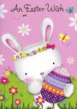 Bring a touch of springtime joy to your customers with our delightful Open Easter cards, supplied by Simon Elvin. This charming design features an adorable white bunny, adorned with a pretty flower crown and a pink bow, lovingly holding a beautifully patterned Easter egg. The vibrant illustration is set against a cheerful pink polka-dot sky and a lush green meadow, dotted with colourful flowers, playful butterflies, and a busy little bee. The sweet message "An Easter Wish" perfectly complements the whimsical scene. Each pack contains 6 of these lovely cards, making them an ideal choice for retailers looking to offer a universally appealing and heartwarming option for the Easter season.