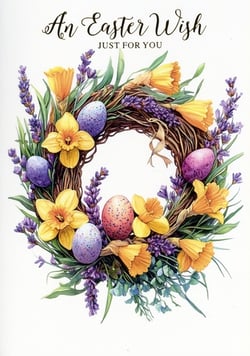 Bring the joy of spring to your customers with our delightful 'Open Easter' cards, proudly supplied by Simon Elvin. This beautiful watercolour design showcases a charming Easter wreath, intricately adorned with vibrant yellow daffodils, fragrant purple lavender, and speckled pastel eggs in hues of blue, pink, and purple. The heartfelt message, "An Easter Wish JUST FOR YOU," makes it a perfect choice for sending warm greetings to loved ones. Available in a convenient pack size of 1x6, these cards are ideal for retailers looking to offer a touch of seasonal elegance. A truly lovely way to share Easter cheer!