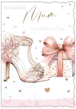 Introduce our charming 'Mum' Mother's Day card to your collection. This delightful design features a beautiful watercolour illustration of a delicate pink high-heeled shoe, adorned with elegant flowers, alongside a perfectly wrapped gift box tied with a lavish pink bow. Scattered rose gold hearts add a touch of warmth and affection against the clean white background. The heartfelt message "To a special Mum on Mother's Day" is presented in a graceful script. This card offers a stylish and loving way for customers to celebrate their mums. Available in a convenient pack of 6, from Out of The Blue Studios Ltd, it's an ideal choice for retailers seeking quality and appeal.