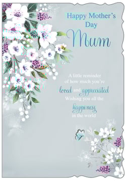 Make Mother's Day extra special with this delightful card, "Mum," from Out of The Blue Studios Ltd. Adorned with an exquisite floral design featuring delicate white and purple blossoms and lush green foliage, it's a truly beautiful way to express your love. A charming butterfly adds a touch of whimsy to the elegant grey-blue background. The heartfelt message conveys, "A little reminder of how much you're loved and appreciated. Wishing you all the happiness in the world." This card is designed to make Mum feel cherished. Available in a convenient pack of 6, it's an ideal choice for retailers looking to offer their customers a thoughtful and pretty option for Mother's Day.