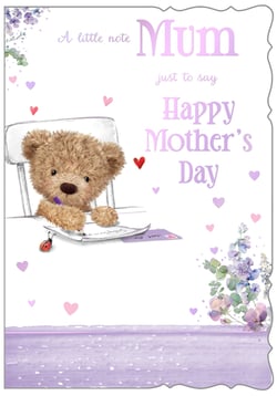 Celebrate Mother's Day with our delightful 'Mum' card, brought to you by Out of The Blue Studios Ltd. This enchanting design features an adorable teddy bear busy writing a special note, surrounded by a scattering of sweet pink and purple hearts. Elegant floral details in soft lavender hues adorn the corners, complementing the heartfelt message: "A little note Mum just to say Happy Mother's Day." The gentle colour palette and charming illustration make this card a truly lovely way to express love and appreciation. Stock up on this beautiful card, available in a convenient pack of 6, and help your customers make Mum's day unforgettable.