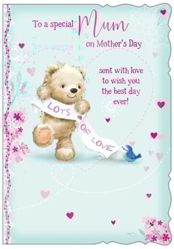 Celebrate Mother's Day with this truly heartwarming card, 'Mum', from Out of The Blue Studios Ltd. This delightful design features an endearing teddy bear lovingly holding a 'LOTS OF LOVE' banner, accompanied by a sweet little blue bird and delicate floral accents. The tender message, 'To a special Mum on Mother's Day, sent with love to wish you the best day ever!', is sure to make any Mum feel cherished. Adorned with pretty hearts and a soft, inviting colour palette, this card offers a beautiful way to express affection. Available in a convenient pack of 6, it's a wonderful choice for your customers looking to share their love.