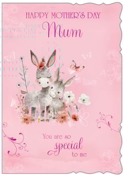 Celebrate Mum this Mother's Day with this utterly charming card, featuring an adorable mother and baby donkey nestled amongst delicate flowers and fluttering butterflies. The soft pink watercolour background and elegant script fonts create a truly heartwarming design, perfect for conveying a special message. With 'HAPPY MOTHER'S DAY Mum' at the top and 'You are so special to me' at the bottom, this card beautifully expresses love and appreciation. Supplied by Out of The Blue Studios Ltd., each pack contains 6 of these delightful 'Mum' cards, ready to bring smiles to your customers' faces.