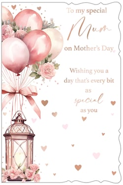 Celebrate Mum this Mother's Day with this truly beautiful card from Out of The Blue Studios Ltd. Featuring an elegant design of soft pink balloons, delicate roses, and a charming lantern, it's sure to bring a smile to her face. The heartfelt message, "To my special Mum on Mother's Day Wishing you a day that's every bit as special as you," is perfectly complemented by the lovely rose gold and pink colour palette and scattered hearts. This exquisite card is ideal for showing appreciation. Available in a convenient pack of 6, it's a wonderful addition to your Mother's Day collection.