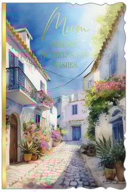Transport Mum to a sun-drenched paradise this Mother's Day with this exquisite card! Our 'Mum' card features a breathtaking watercolour illustration of a picturesque Mediterranean street, adorned with charming whitewashed buildings, vibrant pink bougainvillea, and a quaint cobbled path. The elegant golden script, 'Mum, Sending Mother's Day Wishes,' adds a luxurious touch.

Crafted with care by Out of The Blue Studios Ltd., this card is a beautiful way to express love and appreciation. Available in a convenient pack of 6, it's a must-have for retailers seeking to offer their customers a truly memorable and heartfelt greeting. Brighten her day with this idyllic scene!