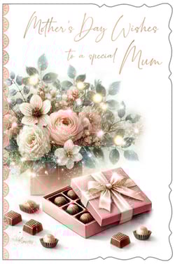 Celebrate Mother's Day with this beautifully designed card, perfect for a special Mum. Adorned with a delightful bouquet of soft pink and cream flowers, complemented by delicate green foliage and a touch of sparkle, it's a truly charming design. The scene is completed with an inviting box of chocolates, adding a sweet touch. Featuring the heartfelt message 'Mother's Day Wishes to a special Mum', this card offers a warm and loving way to express your appreciation. It's an ideal choice to make any mum feel cherished on her special day.