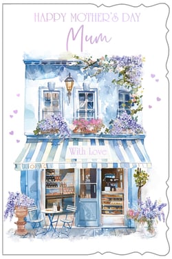 Make Mother's Day truly special with our exquisite 'Mum' card, brought to you by Out of The Blue Studios Ltd. This delightful design showcases a charming watercolour illustration of a picturesque Parisian-style shop, beautifully adorned with vibrant purple wisteria and fragrant lavender. The soft blue and white striped awning, featuring a heartfelt 'With Love' message, adds an elegant touch to this serene scene. Perfect for expressing deep affection, this card captures a timeless beauty that Mums will adore. Available in a convenient pack size of 1x6, it's an ideal choice for retailers looking to offer their customers a truly memorable way to celebrate.