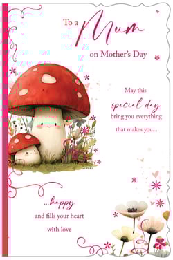 Celebrate your Mum this Mother's Day with this charming card, designed to bring a smile to her face. Featuring two sweet, smiling mushrooms nestled amongst delicate wildflowers, it creates a truly heartwarming scene. The beautiful message inside wishes her a special day that brings everything that makes her happy and fills her heart with love. Adorned with pretty pink flourishes and subtle floral details, this card is a lovely way to send your warmest wishes. It's an ideal choice to make her day memorable.