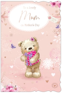 Celebrate Mother's Day with our adorable 'Mum' card, designed to bring a warm smile to every mother's face. This charming card features a sweet, fluffy teddy bear lovingly holding a striped pink and purple gift, set against a delightful backdrop of soft pinks, delicate hearts, and pretty floral accents. The heartfelt message, 'To a lovely Mum on Mother's Day', is beautifully presented, making it the perfect way to show appreciation. With its endearing design and warm sentiment, this card is sure to be a popular choice for customers seeking that special touch. Available in a convenient pack size of 1x6, ensuring you're well-stocked for the occasion.