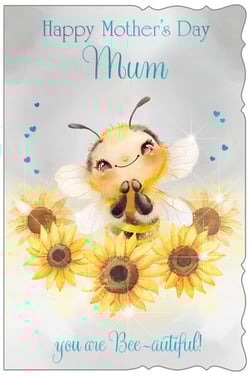 Celebrate Mum this Mother's Day with this absolutely adorable card from Out of The Blue Studios Ltd. This charming design features a fluffy, smiling bee character, hands clasped, nestled amongst a vibrant array of sunflowers. The heartwarming message, "Happy Mother's Day Mum, you are Bee-autiful!", is beautifully presented in a whimsical script, enhanced by sparkling details and delicate blue hearts. It's the perfect way to convey love and appreciation. Stock up for the season with this delightful card, available in a convenient pack of 6. A truly special choice for any mum.