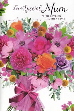 Presenting the "Mum" Mother's Day card from Simon Elvin, a truly beautiful choice for your customers. This exquisite design features a lavish bouquet bursting with vibrant blooms in a delightful array of pinks, oranges, and purples, complemented by fresh green foliage. The elegant floral arrangement is lovingly wrapped in a charming pink polka dot paper and tied with a luxurious satin ribbon, adding a touch of sophistication. With the heartfelt message "For a Special Mum WITH LOVE ON MOTHER'S DAY", this card is perfect for expressing love and appreciation. Available in a convenient pack of 6, it's an essential addition to your seasonal stock.