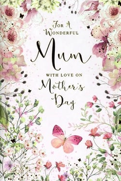 Help your customers celebrate their wonderful Mums this Mother's Day with this exquisite card from Simon Elvin. Adorned with a beautiful watercolour-inspired design, it showcases delicate pink and purple blooms, fresh green foliage, and charming butterflies, including a prominent pink one. The elegant script reads "For A Wonderful Mum WITH LOVE ON Mother's Day," conveying a truly heartfelt message. This lovely card offers a perfect blend of natural beauty and warm sentiment. Available in a wholesale pack of 6, it's an ideal addition to your seasonal greeting card collection.