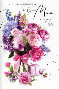 Presenting the 'Mum' Mother's Day card, a delightful offering from Simon Elvin. This exquisite card features a gorgeous watercolour illustration, showcasing a vibrant bouquet overflowing with beautiful pink peonies, delicate roses, and soft purple and blue hydrangeas. The flowers are artfully arranged in a clear vase, adorned with a pretty pink bow, and a charming gift box sits nearby, enhancing the loving sentiment. With the touching message "To You, Mum, With Lots of Love," this card is the perfect way to convey heartfelt appreciation. Its stunning design and warm colours are sure to make any mum feel cherished. Available in a wholesale pack of 6.