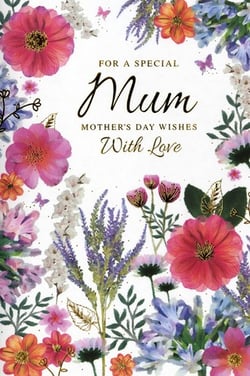 Celebrate Mother's Day with this beautiful 'Mum' card from Simon Elvin. Designed with a vibrant array of colourful flowers in shades of pink, orange, purple, and blue, this card truly stands out. Delicate gold accents and charming butterflies add an extra touch of elegance and warmth. The heartfelt message, 'FOR A SPECIAL Mum, MOTHER'S DAY WISHES, With Love,' is perfect for expressing appreciation. This stunning card is ideal for retailers looking to offer their customers a truly special way to honour their mums. Available in a convenient pack size of 1x6, ensuring you're well-stocked for the occasion. A delightful choice for any mum.