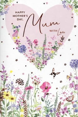 Offer your customers a truly heartfelt way to celebrate Mother's Day with this beautiful card from Simon Elvin. Featuring a delightful design, the card showcases a soft pink heart adorned with a vibrant array of wildflowers and delicate butterflies. The loving message "HAPPY MOTHER'S DAY, Mum WITH Love" is elegantly presented, with "Mum" in a charming script. This card perfectly captures the essence of nature and affection, making it an ideal choice for expressing appreciation. Stock up on this popular design, supplied in a convenient pack of 6, ensuring you're ready for the Mother's Day rush.