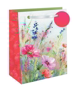 Present your gifts beautifully with our Extra Large Floral Breeze Gift Bag, a truly enchanting choice for any occasion. This delightful bag features a stunning watercolour design, capturing the serene beauty of a vibrant meadow. Delicate pink poppies, bluebells, and lush greenery burst forth, creating a light and airy 'breeze' effect that's perfect for celebrating birthdays, anniversaries, or simply to brighten someone's day.

Its extra-large size offers ample space for a variety of thoughtful presents. Crafted with sturdy materials and finished with elegant ribbon handles, it ensures both durability and a touch of sophistication. The charming complementary floral pattern on the side panel adds an extra layer of visual appeal. Available in a convenient pack of 6, these gorgeous bags from Out of The Blue Studios Ltd. are a must-have for your retail collection.