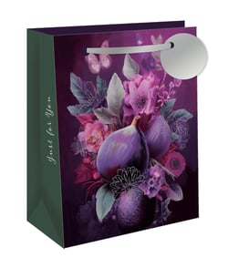 Present your gifts in style with our exquisite Extra Large Mission Figs Gift Bag, brought to you by Out of The Blue Studios Ltd. This generously sized bag boasts a captivating design of deep purple mission figs nestled amongst elegant floral blooms and delicate butterflies, all set against a rich, dark background. The thoughtful 'Just for You' message on the dark green side adds a personal touch. Finished with a luxurious silver ribbon handle and a coordinating gift tag, it's perfect for any special occasion. Stock up with our convenient pack size of 1x6 and offer your customers truly memorable gift packaging.