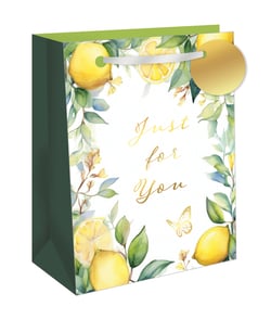 Brighten someone's day with our Extra Large Limona Wishes Gift Bag, brought to you by Out of The Blue Studios Ltd. This exquisite gift bag features a delightful watercolour design of zesty lemons, lush green foliage, and a charming golden butterfly, all framed beautifully on a crisp white background.

The elegant "Just for You" script, rendered in shimmering gold, adds a personal and heartfelt touch, making it perfect for any special occasion. With its rich dark green side panels, sturdy white ribbon handles, and a stylish gold gift tag, this extra large bag is both practical and visually stunning. Offer your customers a touch of sunshine and sophistication. Available in a convenient pack of 6.
