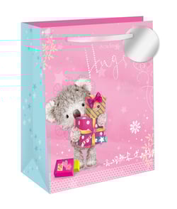 Make someone's special day extra bright with our delightful Extra Large Birthday Hugs Gift Bag! This charming bag features an adorable koala bear, lovingly holding a stack of colourful gifts, ready to send the warmest wishes. The vibrant pink background is beautifully decorated with sparkling stars and delicate swirls, perfectly complemented by the soft blue side panels.

Complete with sturdy ribbon handles and a shiny gift tag, this bag is ideal for presenting those extra-special birthday surprises. The heartfelt "Sending Hugs" message adds a wonderful personal touch. Stock up on these must-have bags from Out of The Blue Studios Ltd., available in a convenient pack size of 1x6, and help your customers celebrate in style.