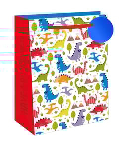 Make every gift extra special with our Extra Large Dino Fun Gift Bag! Perfect for any dinosaur enthusiast, this vibrant bag features a playful pattern of colourful prehistoric pals, from friendly T-Rexes to soaring Pterodactyls, set against a fun landscape of trees, mountains, and twinkling stars. The bold red side panel wishes the recipient to 'HAVE A ROARSOME TIME!', adding an extra touch of joy. Complete with a sturdy red ribbon handle and a charming blue gift tag, this extra-large bag is ideal for bigger presents. Supplied by Out of The Blue Studios Ltd, these bags come in a convenient pack of six, ready to delight your customers.