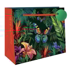 Elevate your gift presentation with our Extra Large Butterfly Garden Shopper Gift Bag. This exquisite bag showcases a breathtaking design of a lush tropical garden, alive with vibrant green foliage, exotic flowers in rich reds, oranges, and purples, and magnificent, colourful butterflies. The elegant red ribbon handle and charming green tag complement the design beautifully. A deep red side panel, featuring "Especially for You" in elegant gold script, adds a personal and luxurious touch. Its extra-large size makes it perfect for those special, larger gifts. Supplied by Out of The Blue Studios Ltd. in a convenient pack of 6, these bags are a delightful choice for any occasion.