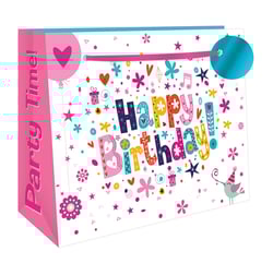 Make every birthday gift a celebration with our Extra Large Party Time Shopper Gift Bag from Out of The Blue Studios Ltd. This vibrant bag boasts a cheerful 'Happy Birthday!' message in colourful, playful lettering, surrounded by a delightful confetti of stars, hearts, and flowers. Its generous 'Extra Large' size is ideal for accommodating a variety of presents, while the bright pink 'Party Time!' side panel and matching ribbon handles add a wonderfully festive touch. Adorned with a charming party bird and balloon, this eye-catching design is sure to bring smiles. Available in a convenient pack of 6, it's a fantastic option for any gift-giving occasion.