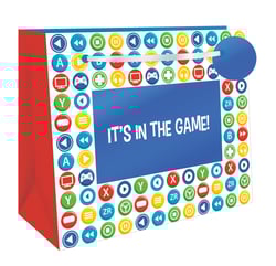 Level up your gift-giving with our Extra Large 'It's In The Game!' Shopper Gift Bag! Designed for gaming fans of all ages, this vibrant bag boasts a fantastic array of colourful controller buttons, media icons, and classic gaming motifs. The bold "IT'S IN THE GAME!" slogan proudly takes centre stage, making it an exciting choice for birthdays, holidays, or any special occasion. Its extra-large size ensures ample space for all those fantastic presents. Available in a convenient pack of 6, these eye-catching bags are a must-have for your retail offering. From Out of The Blue Studios Ltd., give your customers the ultimate gaming-themed gift solution!