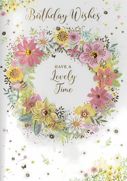 Brighten someone's special day with our charming Open Birthday Female card from Simon Elvin. This delightful design features a vibrant floral wreath, bursting with beautiful pink, yellow, and white blooms, accented with delicate green foliage. Look closely and you'll spot sweet details like buzzing bees, graceful butterflies, and a scattering of shimmering gold specks, adding a touch of sparkle.
The heartfelt message "Birthday Wishes" at the top, and "HAVE A Lovely Time" nestled within the wreath, makes this card perfect for wishing any female recipient a truly wonderful celebration. With its elegant design and cheerful colours, it's sure to bring a smile. Available in a convenient pack of 6.