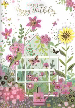 Celebrate birthdays with this delightful 'Open Birthday Female' card from Simon Elvin. This charming design features a vibrant garden scene, bursting with beautiful pink and yellow flowers, lush green foliage, and delicate butterflies. A whimsical greenhouse takes centre stage, complete with a sweet pink watering can and a friendly green bird. The elegant 'Happy Birthday' message, highlighted in shimmering gold foil, adds a touch of luxury and warmth. With its intricate details and cheerful colours, this card is a truly special choice for any female recipient. Available in a convenient pack of 6, it's a wonderful addition to your greeting card selection.