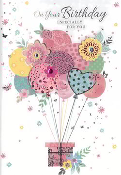 Celebrate her special day with this delightful 'Open Birthday Female' card from Simon Elvin. Adorned with a vibrant cluster of patterned balloons, some beautifully embellished with gems and intricate cut-outs, this card is a true visual treat. The charming design features a mix of floral and geometric patterns in cheerful pinks, yellows, and blues, creating a wonderfully festive feel. With the heartfelt message 'On Your Birthday ESPECIALLY FOR YOU', it's the perfect way to send warm wishes. Each pack contains 6 of these lovely cards, ready to bring joy to every recipient.