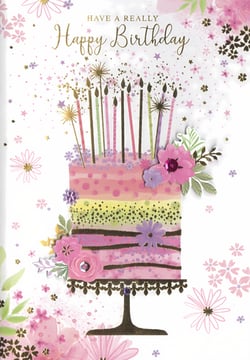 Celebrate her special day with this absolutely charming birthday card! Featuring a delightful multi-tiered cake adorned with colourful candles and sparkling confetti, this design is sure to bring a smile. Beautifully illustrated in soft watercolour tones of pink, purple, and green, it's enhanced with delicate floral embellishments and shimmering gold accents. The elegant 'Happy Birthday' script adds a touch of sophistication. Perfect for any female recipient, this card offers a truly lovely way to send warm wishes. Stock up on this popular design, available in convenient packs of six, and ensure your customers have the perfect card for every celebration.