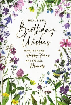 Introduce a touch of natural beauty to your card range with this charming 'Open Birthday Female' card from Simon Elvin. This exquisite design showcases a vibrant watercolour wild meadow, bursting with an array of colourful flowers, delicate butterflies, and a sweet blue tit. Elegant gold-foiled script wishes 'Beautiful Birthday Wishes' and 'Hope it brings Happy Times and Special Moments', adding a luxurious feel. Perfect for any female recipient, this versatile card conveys a warm and heartfelt message. Supplied in a convenient pack of 6, it's an ideal choice for retailers looking to offer high-quality, visually appealing birthday cards that are sure to delight customers.