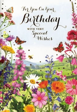 Brighten someone's special day with this delightful 'Open Birthday Female' card from Simon Elvin. Featuring a beautiful, vibrant meadow scene, this card is bursting with colourful wildflowers, graceful butterflies, and a busy bee, all set against a serene backdrop of rolling green hills. The elegant script on the front reads, 'For You On Your Birthday With Very Special Wishes,' conveying heartfelt sentiments. Perfect for celebrating any female recipient, this charming design offers a touch of nature's beauty and joy. Available in a convenient pack of 6, it's an ideal choice for your greeting card selection.