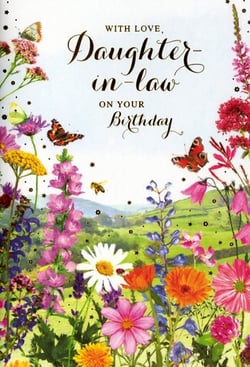 Celebrate a special Daughter-in-law's birthday with this enchanting card from Simon Elvin. Featuring a breathtaking meadow scene, it's a burst of vibrant colours with an array of beautiful flowers, delicate butterflies, and a charming bee, all set against serene rolling hills. The elegant script conveys a warm message: 'WITH LOVE, Daughter in-law ON YOUR Birthday'. This delightful design is sure to bring a smile to her face. Stock up on this popular choice, perfect for customers looking for a truly heartfelt and visually stunning card. Available in a convenient pack of 6.