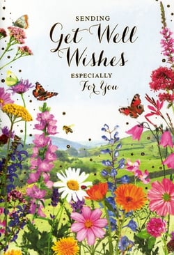 Offer a touch of warmth and cheer with our charming Get Well Female card from Simon Elvin. This delightful design features a vibrant meadow scene, overflowing with an array of colourful wildflowers, including cheerful daisies, bright poppies, and elegant bluebells. Graceful butterflies flit amongst the blooms, while a busy bee and a tiny ladybug add sweet details, all set against a picturesque backdrop of rolling green hills. The elegant script conveys the heartfelt message: "Sending Get Well Wishes Especially For You," making it the perfect way to send comfort and hope. Each card is crafted to bring a smile and a sense of peace to those recovering. Stock up with this lovely design, available in a convenient pack of 6.