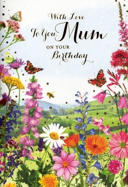 Help your customers celebrate Mum's special day with this enchanting birthday card from Simon Elvin. Featuring a breathtaking wildflower meadow, this card is bursting with vibrant colours and delicate details. Butterflies flutter among the blooms, a busy bee buzzes, and a tiny ladybug adds a charming touch, all set against a serene backdrop of rolling green hills. The heartfelt message, "With Love To You Mum ON YOUR Birthday," is elegantly scripted, making it the perfect way to show appreciation. Each card is finished with subtle sparkle, adding a touch of magic. Supplied in a convenient pack size of 1x6, this beautiful design is sure to be a popular choice for your customers seeking that ideal card for Mum.